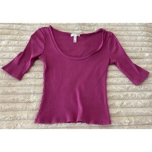 LEITH Ribbed Scoop Neck 3/4 Sleeve Top Magenta M NWOT